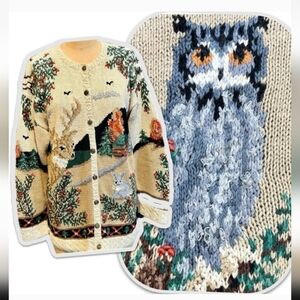 VINTAGE woodland knit sweater deer owl rabbit trees woods forest wildlife 90s